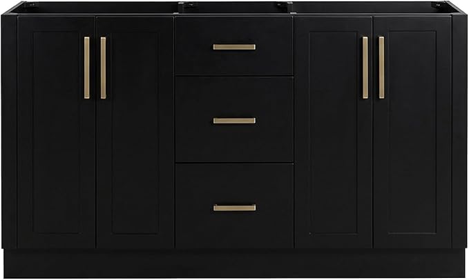 ARIEL Loren 60-inch Bathroom Vanity Base Cabinet,Solid Wood, 4 Soft Closing Doors, 3 Dovetail Drawers, Black