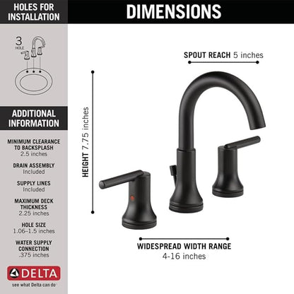 Delta Trinsic Matte Black Bathroom Faucet 3 Hole, 8 Inch Widespread Bathroom Sink Faucet for Vanity, Metal Push-Pop Drain Assembly, Matte Black 3559-BLMPU-DST