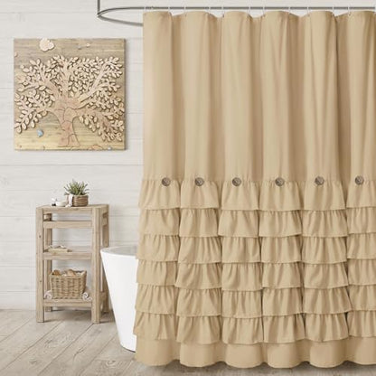 Ruffle Farmhouse Shower Curtain, Beige Vintage Shower Curtains for Bathroom Fabric Cute Rustic Cloth, 72" W X 72" L Inch