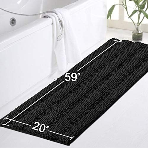 Turquoize Luxurious Non-Slip Shaggy Chenille Kitchen Runner Black Kitchen Rug Ultra Soft Plush Carpet Mat Shag Shower Bath Runner Absorbent Large Bath Mat for Entryway, Size 59 & 20 Inches, Black