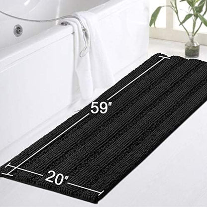 Turquoize Luxurious Non-Slip Shaggy Chenille Kitchen Runner Black Kitchen Rug Ultra Soft Plush Carpet Mat Shag Shower Bath Runner Absorbent Large Bath Mat for Entryway, Size 59 & 20 Inches, Black