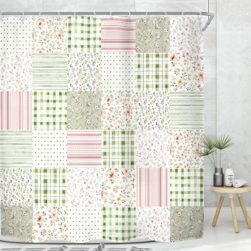 Green Floral Patchwork Shower Curtain Sage Green Pink Gingham Vintage Boho