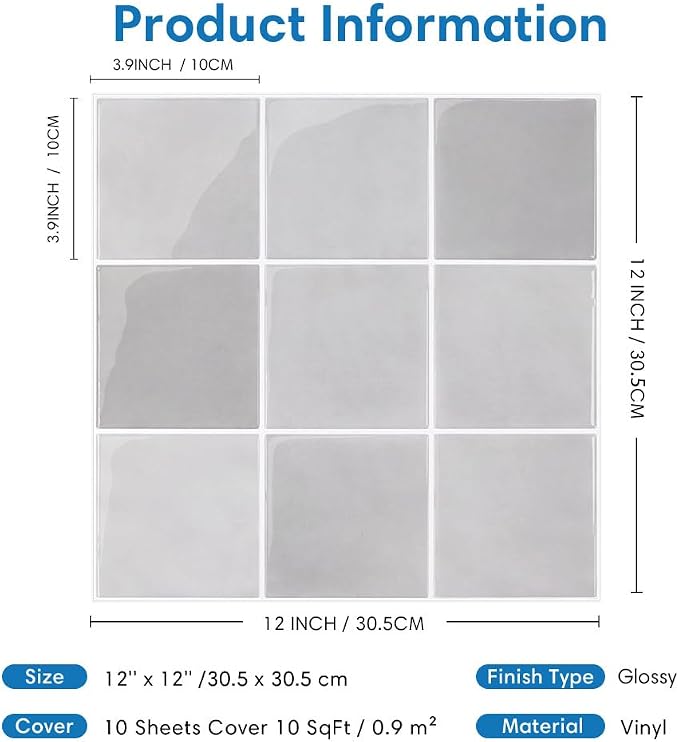 Thicker Peel and Stick 3D Backsplash Tiles Kitchen Bathroom | Gray, 10 Pcs 12" x 12", Glossy Self Adhesive Decorative Vinyl Backsplash Wall Sticker, Cover 10 sq ft，Removable，Waterproof