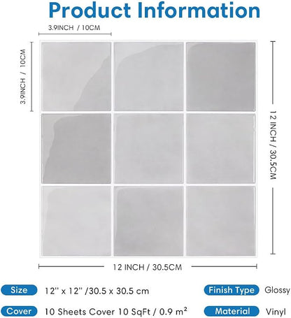 Thicker Peel and Stick 3D Backsplash Tiles Kitchen Bathroom | Gray, 10 Pcs 12" x 12", Glossy Self Adhesive Decorative Vinyl Backsplash Wall Sticker, Cover 10 sq ft，Removable，Waterproof