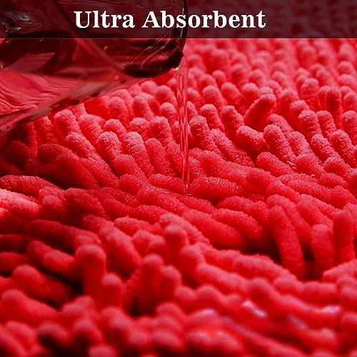 Half Round Bath Mat Red Bathroom Rugs Semicircle Chenille Bath Rugs Water Absorbent Floor Mats for Kids Washable Bathroom Shower Mat Area Rugs (19.2" x 31.1")