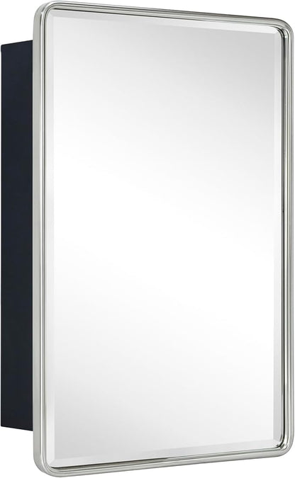 TEHOME Surface Mount 16x24 Brushed Nickel Bathroom Medicine Cabinet with Mirror Metal Framed Rounded Rectangle Medicine Cabinet with Beveled Mirror