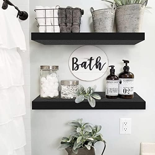 QEEIG Floating Shelves for Wall 23.6" Long - Wall Mounted Shelf Bathroom Kitchen Living Room Bedroom Farmhouse Home Decor Display Bookshelf Large 23.6 x 9.3 inch Set of 2, Black (008-60B)