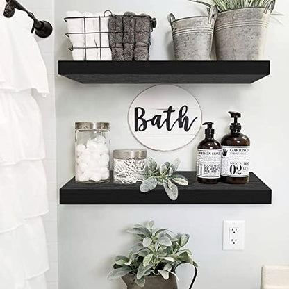 QEEIG Floating Shelves for Wall 23.6" Long - Wall Mounted Shelf Bathroom Kitchen Living Room Bedroom Farmhouse Home Decor Display Bookshelf Large 23.6 x 9.3 inch Set of 2, Black (008-60B)