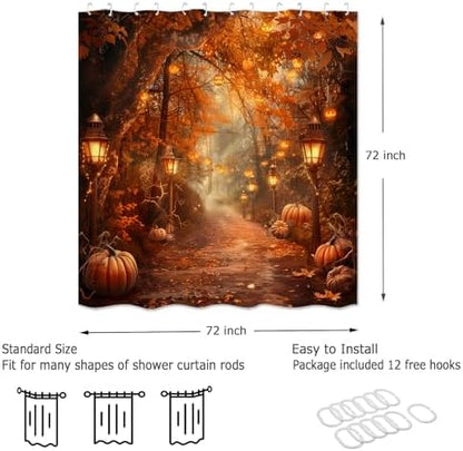 Fall Pumpkins Shower Curtain，Autumn Thanksgiving Harvest Halloween Forest Rural Trail Bathroom Decor，72 x 72 Inch Polyester Fabric Waterproof Bathroom Curtain with 12 Hooks