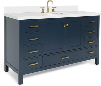 ARIEL Cambridge 60-inch Bathroom Vanity with Sink,Solid Wood, 1.5-inch Pure White Quartz Countertop, Single Rectangular Porcelain Sink, 2 Soft Closing Doors, 9 Dovetail Drawers, Midnight Blue