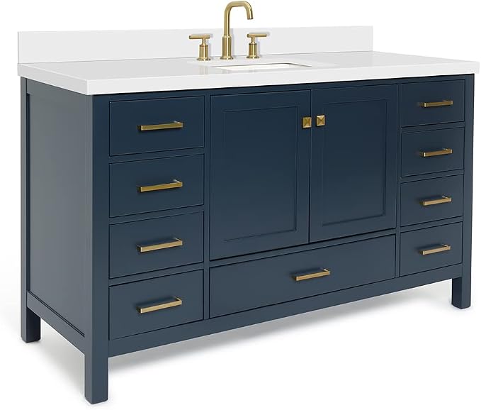 ARIEL Cambridge 60-inch Bathroom Vanity with Sink,Solid Wood, 1.5-inch Pure White Quartz Countertop, Single Rectangular Porcelain Sink, 2 Soft Closing Doors, 9 Dovetail Drawers, Midnight Blue