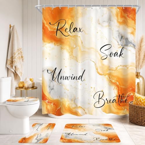 Burnt Orange Abstract Marble 4Pcs Bathroom Shower Curtain Set with Rugs
