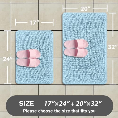 Light Blue Bathroom Rugs Sets 2 Piece – Absorbent and Washable Bath Mat, Non-Slip, Thick Soft Chenille Bath Rugs for Bathroom, Kitchen, Shower, Sink - 17" x 24"+20" x 32"