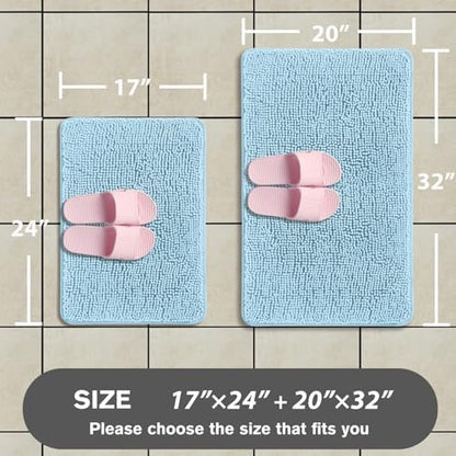 Light Blue Bathroom Rugs Sets 2 Piece – Absorbent and Washable Bath Mat, Non-Slip, Thick Soft Chenille Bath Rugs for Bathroom, Kitchen, Shower, Sink - 17" x 24"+20" x 32"