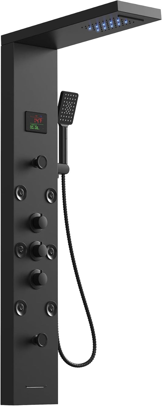 Homevacious 5 In 1 Shower Panel Tower System LED Rain Waterfall Shower Head and Adjustable Massage Body Jets 3 Settings Handheld Head and Tub Spout Stainless Steel Bathroom Panel Matte Black