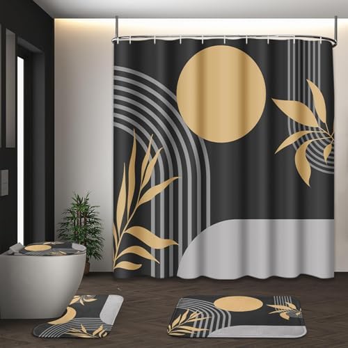 Bathroom Sets with Shower Curtain and Rugs, 4 Pcs, Boho Geometric