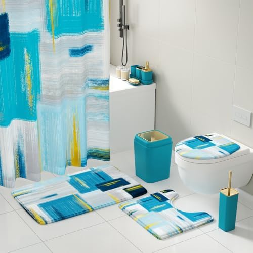 XLHOMO Bathroom Set - Teal Blue Bathroom Accessories Set, Bathroom Sets with Shower Curtain and Rugs, Teal Blue Shower Curtain Set with Bathroom Trash Can, Soap Dispenser, Soap Dish for Home Decor
