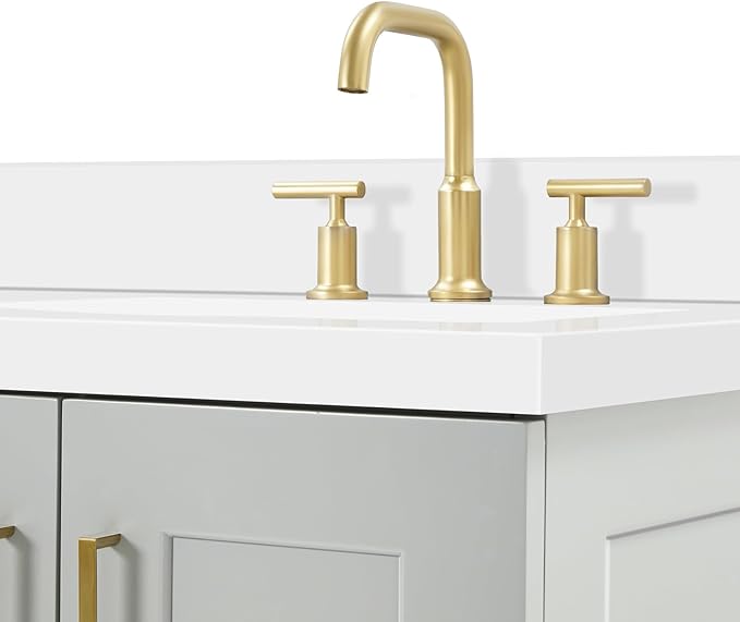 ARIEL Taylor 66-inch Bathroom Vanity with Sink,Solid Wood, 1.5-inch Pure White Quartz Countertop & Backsplash, Double Oval Porcelain Sink, 4 Soft Closing Doors, 5 Dovetail Drawers, Satin Brass, Grey