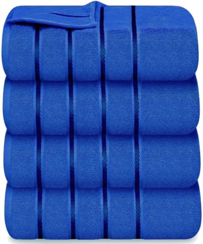 Luxury Bath Towels Set of 4, 27x54 Inches 600GSM 100% Cotton Ring Spun – Daily Use Highly Absorbent Viscose Stripe Bath Towel Sets for Bathroom, Hotel, Spa (Royal Blue)
