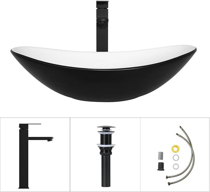 32 Inch Bathroom Vanity with Sink, Traditional Freestanding Black Bathroom Vanity Cabinet with Four Drawers, Pedestal Cabinet with Black and White Ceramic Boat Sink