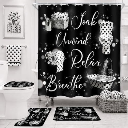 Polka Dot Fashion Funny Quotes 4Pcs Bathroom Shower Curtain Set with Rugs