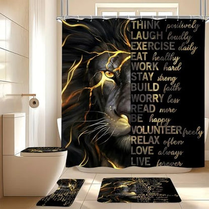 4 Pcs Black Gold Lion Shower Curtain Set with Rugs and Toilet Lid Cover
