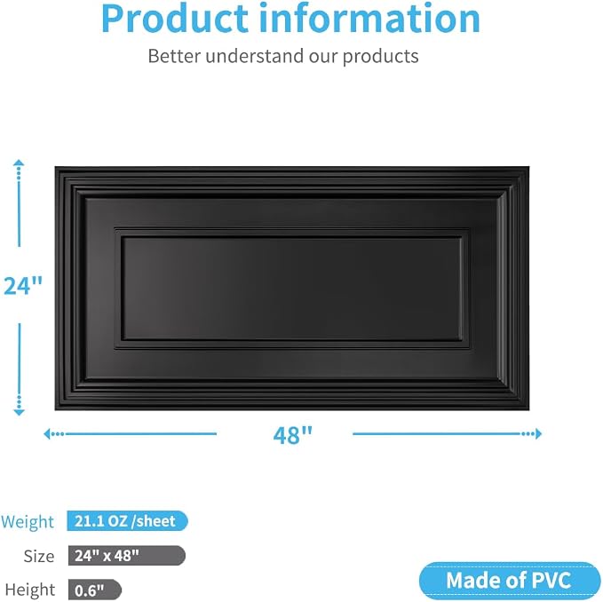 Art3d PVC Ceiling Tiles, 3D Plastic Sheet in Black, 2 x 2 ft, 12-Pack | Lightweight, Waterproof, No Sag and Breakage, Compatible with Grid System, Perfect for Basement, Kitchen