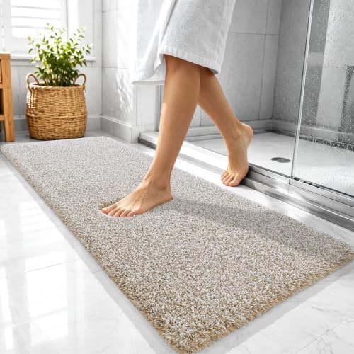 OLANLY Microfiber Bathroom Rugs 47x20, Quick Dry Bath Mat, Beige and White