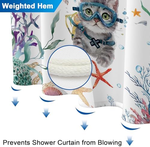 Ocean Theme Waterproof Fabric Shower Curtain with Weighted Hem, Funny Diving Cat Cute Shower Curtain with 12 Hooks and Grommets, Machine Washable Bathroom Shower Curtains, 72x72 Inches
