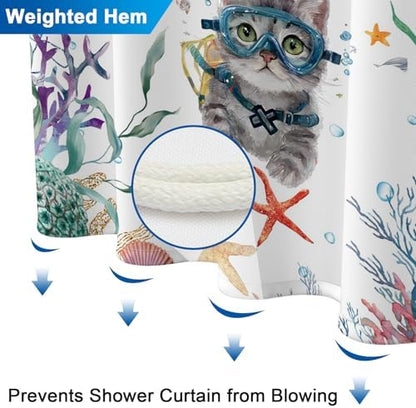Ocean Theme Waterproof Fabric Shower Curtain with Weighted Hem, Funny Diving Cat Cute Shower Curtain with 12 Hooks and Grommets, Machine Washable Bathroom Shower Curtains, 72x72 Inches