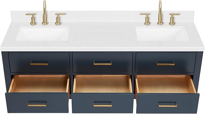 ARIEL Hutton 60-inch Bathroom Vanity with Sink,Solid Wood, 1.5-inch Carrara White Quartz Countertop & Backsplash, Double Rectangular Porcelain Sink, 3 Dovetail Drawers, Midnight Blue