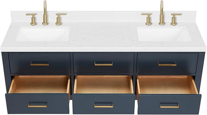 ARIEL Hutton 60-inch Bathroom Vanity with Sink,Solid Wood, 1.5-inch Carrara White Quartz Countertop & Backsplash, Double Rectangular Porcelain Sink, 3 Dovetail Drawers, Midnight Blue