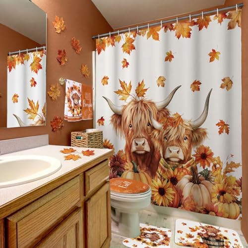 Honoson 8 Pcs Highland Cow Shower Curtain Set with Rugs and Towels