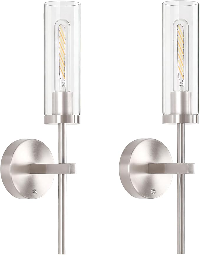 Shenmoyl Battery Operated Wall Sconces Set of 2, Nickel Rechargeable Wall Lighting Fixtures, Dimmable Wall Lights with Remote & Clear Glass Shade for Living Room, Bathroom,Bedroom
