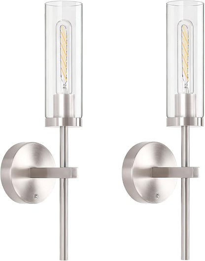 Shenmoyl Battery Operated Wall Sconces Set of 2, Nickel Rechargeable Wall Lighting Fixtures, Dimmable Wall Lights with Remote & Clear Glass Shade for Living Room, Bathroom,Bedroom