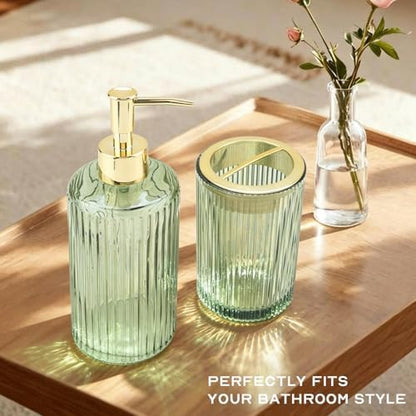Green Glass Bathroom Accessories Set, Soap Dispenser and Toothbrush Holder