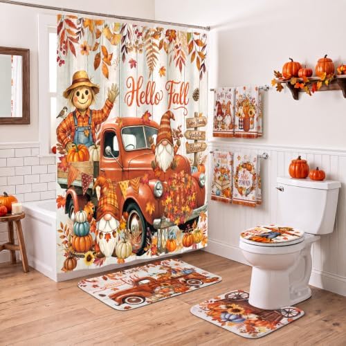 FuWeave 8Pcs Hello Fall Shower Curtain Set, Vintage Truck Gnome Scarecrow Pumpkin Bathroom Decor, Includes Non-Slip Bath Rug, U-Shaped Mat, Toilet Lid Cover, Towels & 12 Hooks, Autumn Harvest Decor