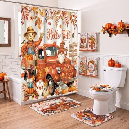 FuWeave 8Pcs Hello Fall Shower Curtain Set, Vintage Truck Gnome Scarecrow Pumpkin Bathroom Decor, Includes Non-Slip Bath Rug, U-Shaped Mat, Toilet Lid Cover, Towels & 12 Hooks, Autumn Harvest Decor