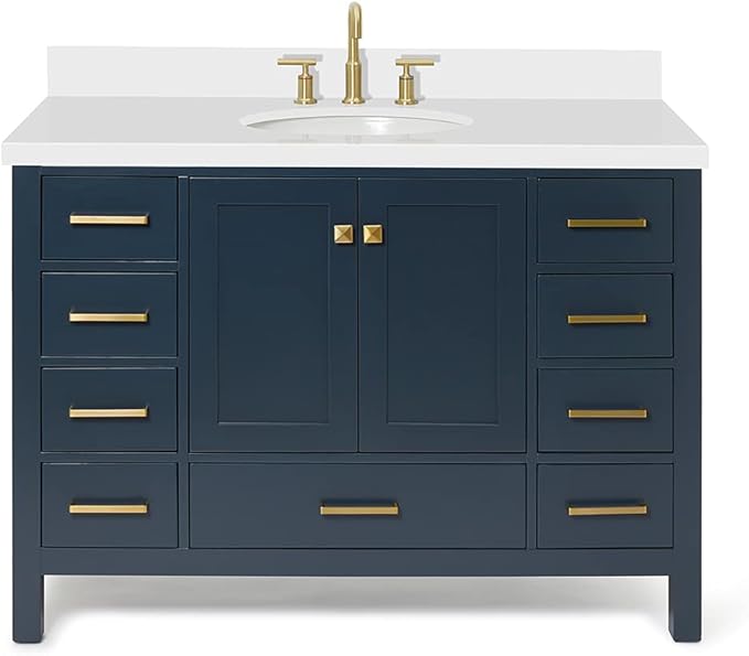 ARIEL Cambridge 48-inch Bathroom Vanity with Sink,Solid Wood, 1.5-inch Pure White Quartz Countertop & Backsplash, Single Oval Porcelain Sink, 2 Soft Closing Doors, 9 Dovetail Drawers, Midnight Blue