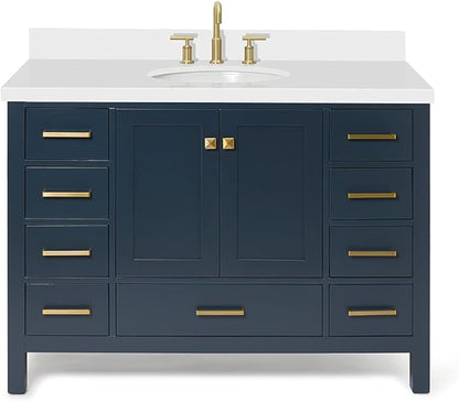 ARIEL Cambridge 48-inch Bathroom Vanity with Sink,Solid Wood, 1.5-inch Pure White Quartz Countertop & Backsplash, Single Oval Porcelain Sink, 2 Soft Closing Doors, 9 Dovetail Drawers, Midnight Blue