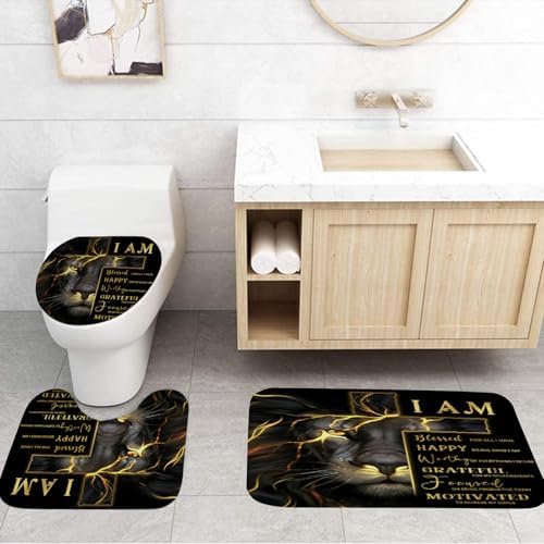 4 Pcs Black Gold Cross and Lion Shower Curtain Set with Rugs