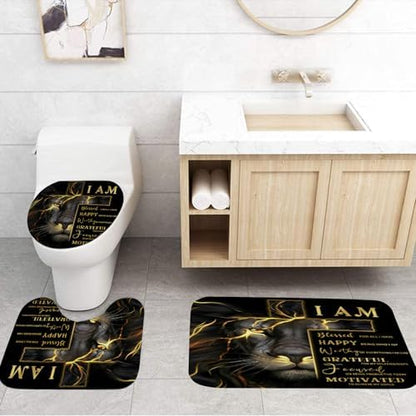4 Pcs Black Gold Cross and Lion Shower Curtain Set with Rugs