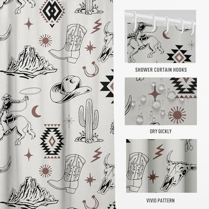 EGIGCC Western Cowboy Shower Curtain, Gray Aztec Southwestern Desert Cactus Bathroom Decor, Farmhouse Country Tribal Fabric Drapes for Men Boys, 60x72 Inch, 12 Hooks