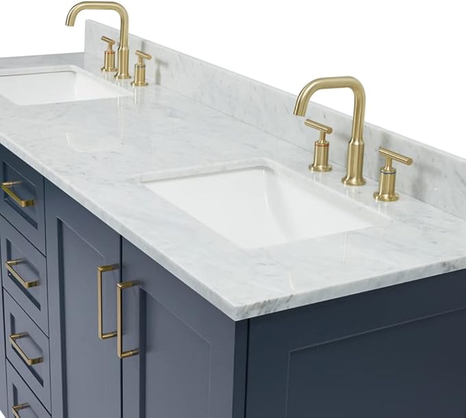 ARIEL Taylor 72-inch Bathroom Vanity with Sink,Solid Wood, 0.75-inch Italian Carrara Marble Countertop, Double Rectangular Porcelain Sink, 4 Soft Closing Doors, 6 Dovetail Drawers, Midnight Blue