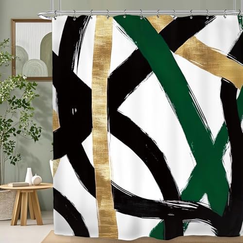 Abstract Emerald Green Black Gold Shower Curtain 72Wx84L Inch Modern Minimalist Contemporary Geometric Extra Long Bathroom Set Accessories Decor with 12 Pack Hooks