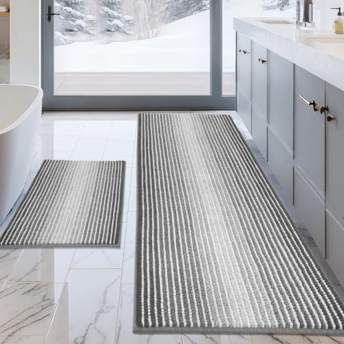 BSICPRO Bathroom Rugs Sets 2 Piece, Non Slip Striped Bath Mats, Gray