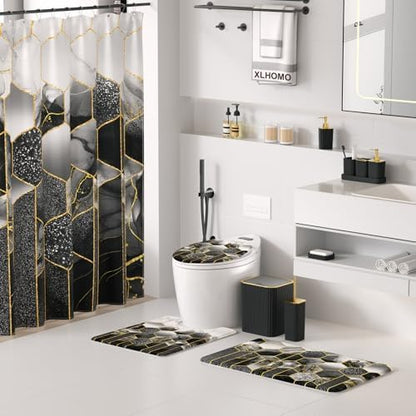 XLHOMO Bathroom Set - 26PC Bathroom Set with Shower Curtain and Rugs, Bathroom Accessory Set, Black Bathroom Accessories Set, Trash Can & Soap Dispenser