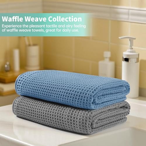 Microfiber Waffle Bath Towels, 4 Pieces, Soft, Absorbent, Fast Drying, Lint Free 430 GSM (Beige+Gray+Blue+White)