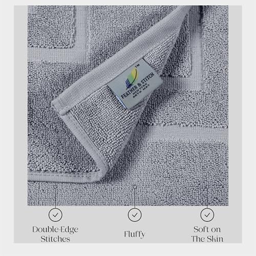 Feather & Stitch 2 Piece Towel Like Bath Mats (30x21 Inch) 100% Cotton Terry Bath Mats, Bathroom Shower Floor Mats [NOT A Bathroom Rug], Soft Absorbent Washable Mats - Grey