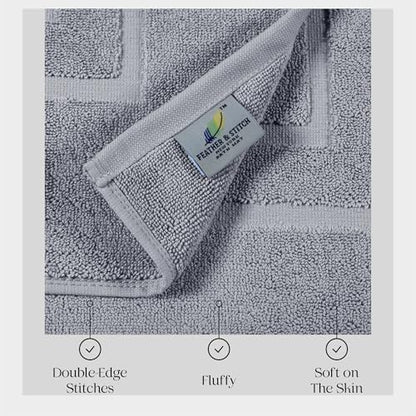 Feather & Stitch 2 Piece Towel Like Bath Mats (30x21 Inch) 100% Cotton Terry Bath Mats, Bathroom Shower Floor Mats [NOT A Bathroom Rug], Soft Absorbent Washable Mats - Grey
